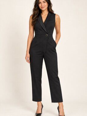 Jeune Otte Black Tuxedo Jumpsuit Belted Quiet Luxury Fits S/M